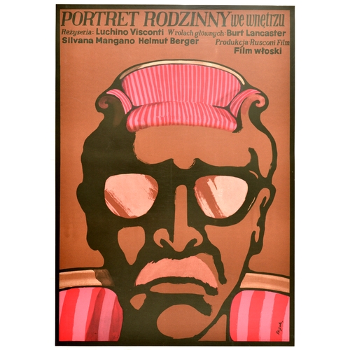 Movie Poster Portret Rodzinny Gruppo di famiglia Flisak Polish Design. Original vintage movie poster for a Polish release of an Italian drama film Gruppo di famiglia in un interno under a title Portret rodzinny we wnetrzu. Fun image of an old man with a moustache and glasses that has a sofa embedded in the top of his head. Conversation Piece (Italian: Gruppo di famiglia in un interno) is a 1974 Italian drama film by director Luchino Visconti. The film name refers to an informal group portrait, especially those painted in Britain in the 18th century, beginning in the 1720s. The film explores such themes as the collision between old and new, imminence of death, existential crisis and social gap between generations. Excellent condition. Country of issue: Poland, designer: Jerzy Flisak, size (cm): 82.5x57.5, year of printing: 1974.