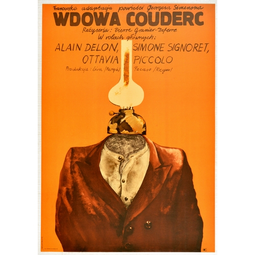 Movie Poster Wdowa Couderc Jacek Neugebauer Polish Design. Original vintage movie poster for a Polish release of a French film La veuve Couderc under a title Wdowa Couderc.  Image of a man with an oil lamp for a head. The Widow Couderc (French: La veuve Couderc) is a 1971 French drama film based on the novel of the same name by Georges Simenon. Director: Pierre Granier-Deferre. Writers: Georges Simenon (based on the novel by), Pierre Granier-Deferre (adaptation), Stars: Alain Delon, Simone Signoret, Ottavia Piccolo. The film is set in 1934: a stranger meets a country woman on the road and helps her to carry her parcel. Jean, is an escaped convict and jobless. He accepts to stay with the widow and in spite of their age difference they become lovers. Betrayed and tracked down by the police, the widow chooses to die with him at her farm. Based on Simenon's novel. Excellent condition. Country of issue: Poland, designer: Jacek Neugebauer, size (cm): 80.5x56.5, year of printing: 1974.