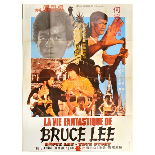 Movie Poster Bruce Lee The Man The Myth Martial Arts. Original vintage movie poster for La Vie Fantastique de Bruce Lee / Bruce Lee - True Story / The Man The Myth, a 1976 Hong Kong semi-biographical martial arts film starring Ho Chung-tao a Bruce Lee imitator and directed by Ng See-yuen. The poster features dynamic images of martial arts stances and fights with a Statue of Liberty in the centre of the image. Large size. Good condition, folds, tears, creasing, staining, Country of issue: France, designer: Unknown, size (cm): 159x118, year of printing: 1970s.