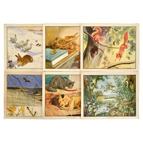 School Education Poster Set Children Wildlife School Aid. Original vintage 65-sheet set collection of educational posters. Posters are numbered 1-60, but there are 4 missing and 8 doubles. Posters feature various images of animals, plants, birds, sea world creatures, seasons and celebrations. Drawn by Eileen Alice Soper (1905-1990), an English etcher and illustrator of children's and wildlife books. Most posters are good condition with pinholes, minor creasing, staining, small tears. A few sheets have larger tears and paper losses. Country of issue: UK, designer: Unknown, size (cm): 43x53, year of printing: 1950s.