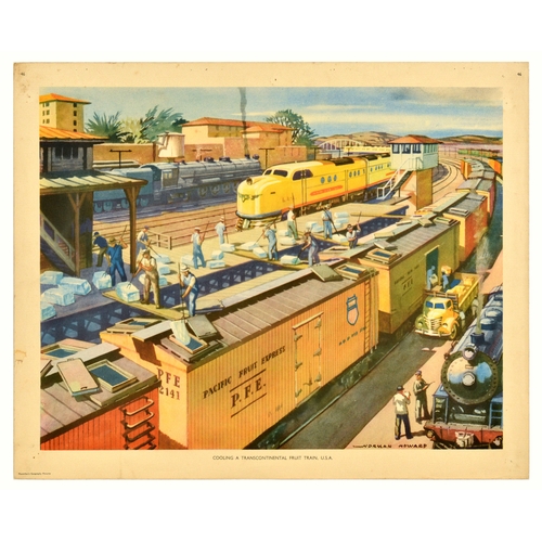 School Education Poster Set USA Transcontinental Pacific Fruit Express Logistics Train USA. Set of 2 original vintage educational posters from the Macmillan's Geography Pictures series. 1. Cooling a transcontinental fruit train USA - featuring an illustration of the train station workers placing large ice blocks into the train carriages labelled Pacific Fruit Express. Horizontal. Good condition, creasing, tears, staining, pinholes. Country of issue: UK, designer: Norman Howard, size (cm): 43x53, year of printing: 1950s; 2. Fruit Canning. Grapefruit in Florida - featuring a collage of illustrations on the processes of canning fruit. The first shows a truck of grapefruits being unloaded at a factory, then the fruit being peeled, cut into segments and then placed into trays and tins. Horizontal. Good condition, pinholes, creasing, staining, small tears. Country of issue: UK, designer: Unknown, size (cm): 43x53, year of printing: 1950s.