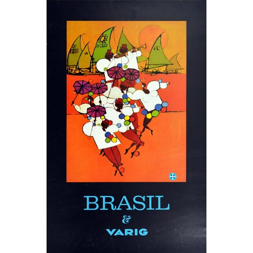 Travel Poster Brazil Varig Airline Rio Carnival Frevo Capoeira. Original vintage double sided South America travel poster for Brasil - Varig airlines featuring a fun and colourful illustration of carnival celebrations depicting people dancing a Frevo dance dressed in white shirts and holding pink umbrellas to music on trumpets with sailing boats on the orange red shaded sea with a bright sun in the background, the Varig logo and stylised blue text under the image; the other side of the poster features a depiction of two capoeiristas in white practising capoeira (the traditional Afro-Brazilian martial art that combines elements of dance, acrobatics and music) with a band playing music in front of colourful city buildings, trees and boats below the night sky in the background; both images set within a black border. Viacao Aerea Rio-Grandense / Varig (1927-2006) was the leading airline in Brazil providing both national and international services. Very good condition, creasing, minor paper skimming on left edge, double-sided.  Country of issue: Brazil, designer: Nelson Jungbluth, size (cm): 73x46, year of printing: 1970s.