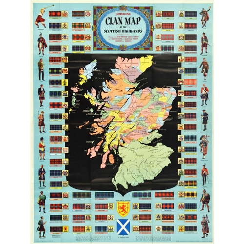 103 - Travel Poster Clan Map Scotland. Original vintage poster - Johnston's Clan Map of the Scottish Highl... 