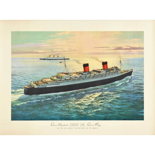 106 - Travel Poster Cunard Queen Elizabeth Queen Mary. Original vintage cruise travel poster for Cunard Li... 