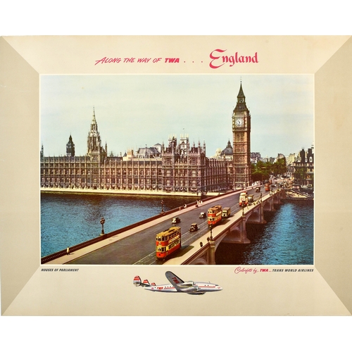 Travel Poster England Houses of Parliament TWA Airlines. Original vintage airline travel poster - Along the way of TWA... England Houses of Parliament - featuring a colour photograph depicting people walking and trams and cars driving over Westminster Bridge in front of the Houses of Parliament and the Big Ben clock tower in London reflected on the River Thames and framed by a border with the stylised text above and an illustration of a TWA plane below. Issued by Trans World Airlines (TWA), a major American airline from 1924-2001, when it was acquired by American Airlines. Horizontal.  Good condition, restored paper losses, restored tears, minor staining on margins, backed on linen.  Country of issue: USA, designer: Unknown, size (cm): 72x89, year of printing: 1950s.