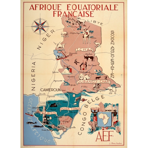 110 - Travel Poster French Colonies Equatorial Africa Map Congo Chad Nigeria . Original vintage pictorial ... 