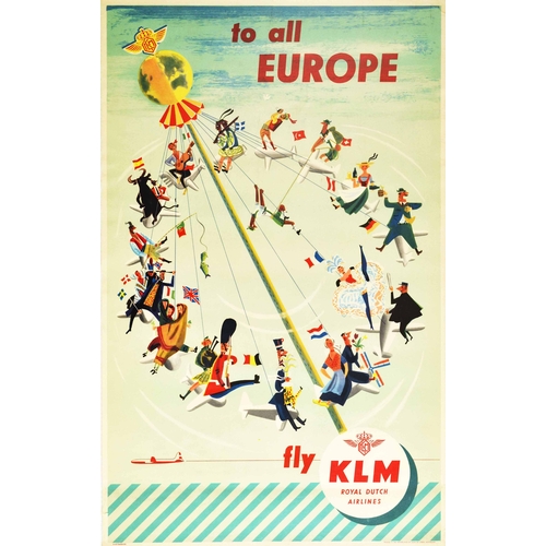 115 - Travel Poster KLM Royal Dutch Airlines Europe Carousel. Original vintage travel poster issued by KLM... 