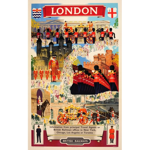 Travel Poster London British Railways. Original vintage travel advertising poster for London published by British Railways featuring a bright and colourful collage of images of Royal Guards / Queen's Guards in uniform with their bearskin hats, standing in line as a golden horse drawn carriage passes in front of Buckingham Palace below a blue sky, guards playing music in a parade as they march past an historic building, Beefeaters / Yeomen Warders in uniform in front of the Tower of London, a guard on a horse at Horse Guards and crowds of tourists weaving between all the images, the title above in white against a red banner between two crests and further information below with a Chelsea Pensioner and a policeman standing either side of the text: Information from principle travel agents or British railways offices in New York, Chicago, Los Angeles or Toronto. Printed by Baynard Press, Great Britain. Excellent condition, backed on linen.  Country of issue: UK, designer: Blake, size (cm): 101.5x63.5, year of printing: 1950s.