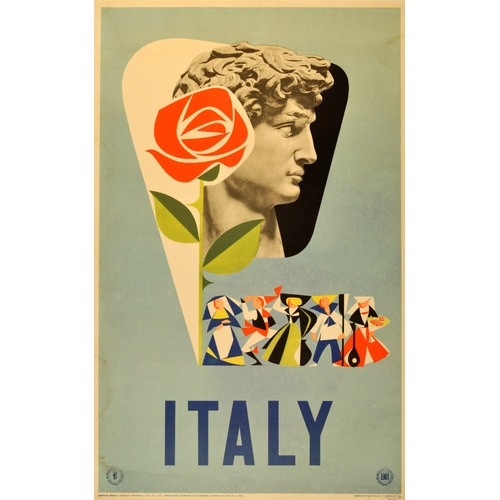 Travel Poster Italy ENIT Michelangelo David. Original vintage travel advertising for Italy printed by the Italian Tourist Agency (ENIT), featuring Michelangelo's marble statue of David behind a stylised image of a flower with a row of people in colourful traditional dress wearing hats and carrying musical instruments and other items below. Fair condition, water stains, small repaired tears, backed on linen.  Country of issue: Italy, designer: Unknown, size (cm): 100x62, year of printing: 1955.