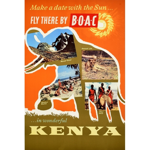 181 - Travel Poster Kenya Africa Fly There By BOAC. Original vintage travel poster advertising Kenya in Ea... 