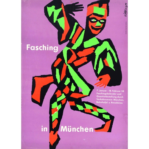 191 - Travel Poster Munich Carnival Clown Jester. Original vintage travel poster for Fasching in Munchen t... 