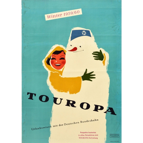 195 - Travel Poster Touropa Winter Holidays Snowman German Railway . Original vintage travel poster promot... 