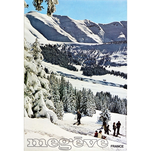 Ski Poster Megeve France Alpine Ski Resort. Original vintage ski travel poster for Megeve France featuring a scenic view of snow topped trees and people skiing in front of the mountains with the bold title text below. The popular ski resort village of Megeve is located in the French Alps near Mont Blanc and was developed as a purpose built resort by the Rothschild family in the 1910s. Very good, minor creasing.  Country of issue: France, designer: Tops Socquet, size (cm): 60x40, year of printing: 1960s.