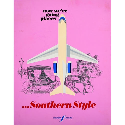 Travel Poster Southern Airways Airline USA Going Places Southern Style. Original vintage travel poster for Southern Airways - Now We're Going Places... Southern Style - featuring artwork depicting people on a horse drawn carriage riding past a lamp post and traditional buildings with trees behind an image of a plane against the pink background, the black text above and bold red lettering with the Southern Airways logo below. Good condition, restored tears, restored pinholes, small restored paper loss in top right corner, restored creasing, staining, backed on linen.
  Country of issue: USA, designer: Unknown, size (cm): 72x56, year of printing: 1960s.