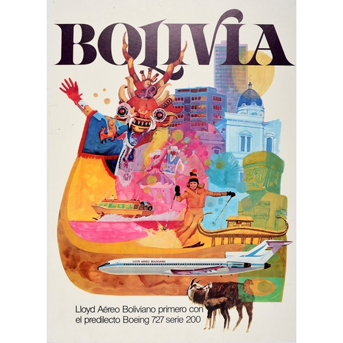 256 - Travel Poster Bolivia Lloyd Aerio Boliviano Airline Boeing 727 . Original vintage travel poster for ... 