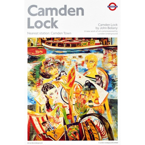 Travel Poster London Underground Camden Lock John Bellany. Original vintage London Underground poster for Camden Lock nearest station Camden Town. Colourful illustration depicting people enjoying a lobster meal at a table with canal boats on the water. Art on the Underground - Camden Lock by John Bellany a new work of art commissioned by London Underground. Excellent condition. 

Part of a collection; please visit www.antikbar.co.uk/london_underground_art_posters/ for more information.  Country of issue: UK, designer: John Bellany, size (cm): 51x34, year of printing: 1990.