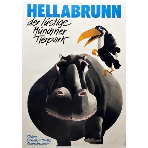 293 - Travel Poster Hellabrunn Munich Zoo Hippo Toucan. Original vintage travel poster for Hellabrunn der ... 