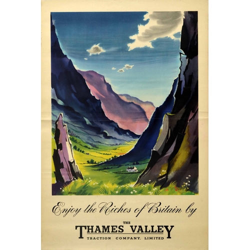 Travel Poster Britain Thames Valley Bus Transport. Original vintage transport poster - Enjoy the Riches of Britain by the Thames Valley Traction Company Limited - featuring a scenic countryside view depicting a small white cottage nestled in a steep valley below rocks in purple and black shades, the green grassy meadow leading into the distance with small colourful flowers in the foreground and clouds in the blue sky above, the stylised bold and cursive black lettering in the margin below. The Thames Valley Company Ltd operated bus routes in the South of England from 1920 to 1972. Good condition, folds, creasing, tears.  Country of issue: UK, designer: Stevens, size (cm): 76x51, year of printing: 1950s.