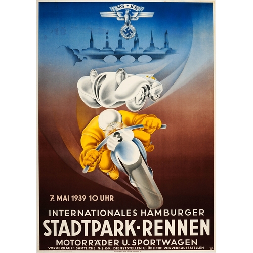 309 - Sport Poster Hamburg Stadtpark NSKK Third Reich Car Motorcycle Racing. Original vintage motor sports... 