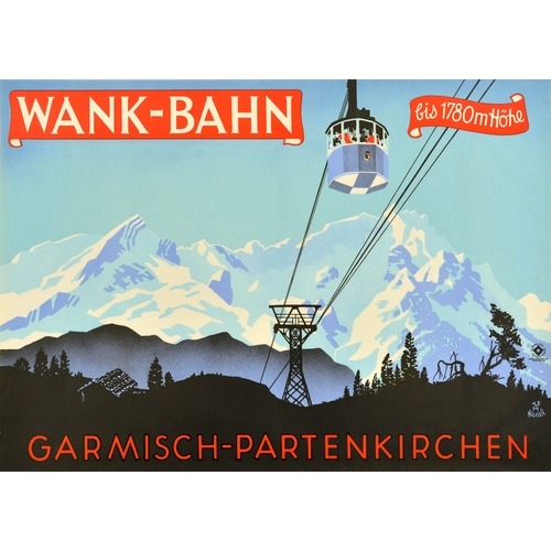 312 - Sport Poster Ski Germany Wankbahn Garmisch Partenkirchen Cable Car Germany. Original vintage winter ... 