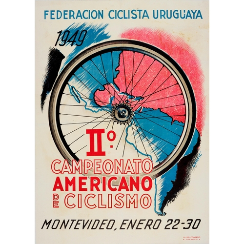 Sport Poster Cycling Championship Uruguay Montevideo. Original vintage racing poster promoting the II Campeonato Americano de Ciclismo / American Cycling Championship in Montevideo Uruguay from 22-30 January 1949 organised by the Federacion Ciclista Uruguaya / Uruguayan Cycling Federation (founded 1914). Great image showing a bicycle wheel over a pink and blue map of Uruguay with the text in stylised blue, red and black letters. Very good condition, minor paper loss on margins, light staining in top right corner, backed on linen.  Country of issue: Uruguay, designer: Unknown, size (cm): 80.5x58, year of printing: 1949.