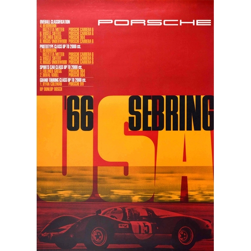 Sport Poster Porsche USA Sebring Florida Car Racing 1966. Original vintage motorsport poster - Porsche USA Sebring 1966 - featuring a dynamic image of a Porsche car numbered 15 racing at speed below the bold yellow and black lettering on a red background, the list of winners in different classifications in their Porsche Carrera 6, Porsche 904 and Porsche 911 cars above. Located in Florida the Sebring International Raceway was opened in 1950 and hosts the annual 12 Hours of Sebring endurance race. Design by the Swiss graphic design Max Huber (1919-1992). Large size. Very good condition, minor creasing on edges, minor folds.  Country of issue: Germany, designer: Max Huber, size (cm): 119x84, year of printing: 1966.