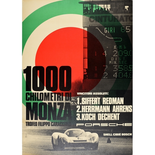 Sport Poster Porsche 1000 Chilometri Di Monza Race Track. Original vintage motorsport poster celebrating Porsche victory at the 1000 Kilometres of Monza / 1000 Chilometri di Monza Trofeo Filippo Caracciolo featuring a dynamic auto racing design depicting a black and white photograph of a Porsche car racing towards the viewer with the track speed shown on a board, set in front of a red white and green target background with the winner listed on the side - 1. Siffert / Redman 2. Hermann / Ahrens 3. Koch / Dechent - and the Porsche name with the sponsors Shell Cibie Bosch below. Large size. Good condition, restored paper losses, restored tears, restored pinholes, backed on linen.  Country of issue: Germany, designer: Unknown, size (cm): 119x84, year of printing: 1969.