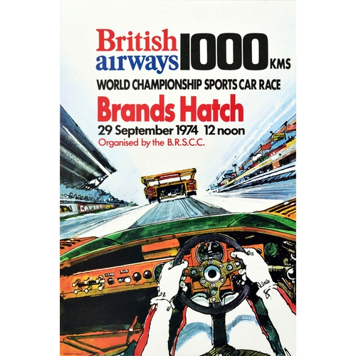 Sport Poster Brands Hatch Car Race British Airways 1974. Original vintage motorsport poster for the British Airways 1000 kms World Championship Sports Car Race Brands Hatch on 29 September 1974 organised by the BRSCC (the British Racing and Sports Car Club formed in 1946) featuring a dynamic image from a racing driver's viewpoint in a sports car driving at speed on a track behind a competitor with spectator stands on the sides, the bold black, blue and red text above. Excellent condition.  Country of issue: UK, designer: Unknown, size (cm): 76x50.5, year of printing: 1974.