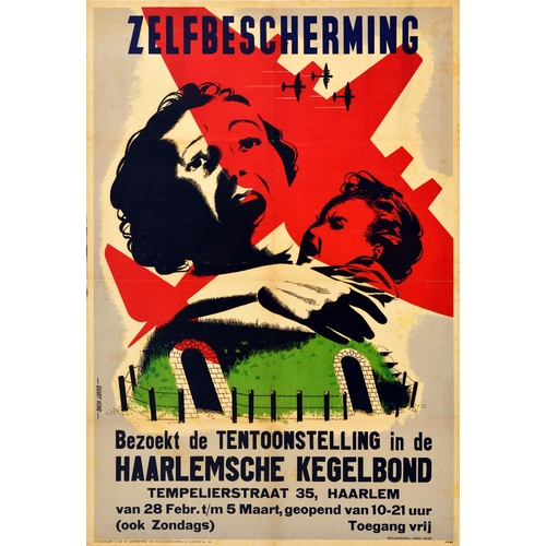 War Poster Air Raid Shelter WWII Bomber Nazi Netherlands. Original vintage Dutch World War Two propaganda poster issued in Nazi occupied Netherlands - Zelfbescherming Bezoekt de tentoonstelling in de Haarlemsche Kegelbond Tempelierstraat 35 / Self-Protection Haarlem Bowling Club from 28 February to 5 March featuring colourful artwork by August Frans Hens (aka Guust Hens; 1907-1976) showing a terrified lady holding a child below three silhouettes of bombers set behind a large red silhouette of a bomber plane across the top of the image, a bomb shelter covered in green grass and surrounded by a barbed wire fence below. Published with approval of the Department of Public Information and the Arts by Advertising Agency Arend Meijer. Fair, staining on image, folded, minor foxing, restored tears.  Country of issue: Netherlands, designer: Guust Hens, size (cm): 77.5x53, year of printing: 1944.