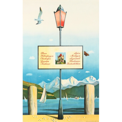 65 - Travel Poster Lake Thun Switzerland Bernese Oberland . Original vintage travel poster featuring a gr... 