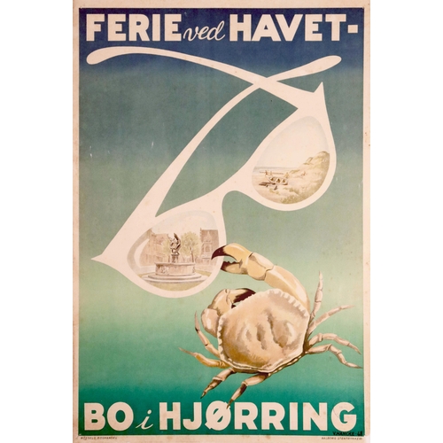 75 - Travel Poster Holiday By The Sea Crab Hjorring Denmark. Original vintage travel advertising poster -... 