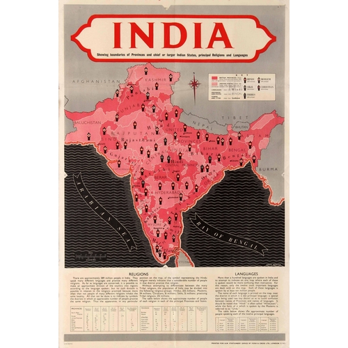 82 - Travel Poster India Boundaries Provinces States Religions Languages WWII. Original vintage map poste... 