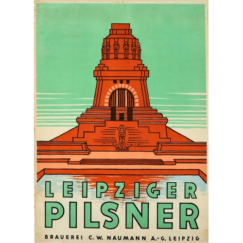 Advertising Poster Leipziger Pilsner Lager Beer Naumann Brewery Leipzig Germany. Original vintage beer drink advertising poster for Leipziger Pilsner issued by the Brauerei C.W. Naumann Brewery A.G. Leipzig featuring a great illustration depicting a temple style building decorated with statues reflected in a pool of water with the bold lettering below. The CW Naumann brewery was founded in 1828 in Leipzig Germany by Carl Wilhelm Naumann (1792-1876). Pilsner / Pilsener is a type of pale lager created by the Bavarian brewer Josef Groll (1813-1887) in the Czech town of Plzen / Pilsen. Fair condition, restored creases, restored tears, restored paper losses, staining, backed on linen.  Country of issue: Germany, designer: Unknown, size (cm): 60x43, year of printing: 1950s.