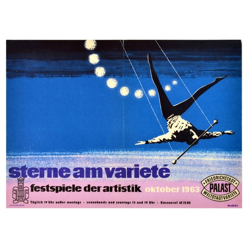 Advertising Poster Artistic Variety Festival Show Acrobat Midcentury Modern. Original vintage advertising poster for Sterne Am Variete Festspiele Der Artistik / Stars at the artistic variety festival at Friedrichstadt Palast Weltstadtvariete in October 1963 featuring an illustration of an acrobat on a trapeze with stage lights behind him on a blue and pink background. Horizontal. Good condition, folds, tears, creasing. Country of issue: Germany, designer: Bobbi, size (cm): 30.5x42.5, year of printing: 1963.