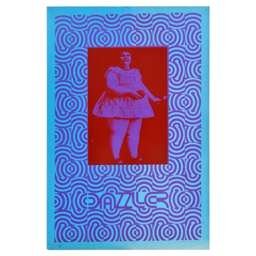 Advertising Poster Dazzler Psychedelic Woman Blue Red Martin Lemon. Original vintage poster featuring a psychedelic purple wave pattern set over a blue background, with stylised letters Dazzler and an image in red and purple of a woman in a short dress. Good condition, creasing, tears, pinholes, minor staining, paper losses on bottom corners. Country of issue: UK, designer: Martin Lemon, size (cm): 76x51, year of printing: 1967.