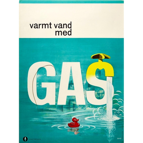 Advertising Poster Gas Hot Water Danish Design. Original vintage midcentury modern advertising poster for Varmt Vand Med Gas / Hot Water With Gas featuring great artwork depicting bold white lettering with a yellow shaded S shaped like a tap pouring water into a bath with a red rubber duck floating on the blue reflective water, the rest of the text in black above and the Association of Danish Gasworks / Foreningen af Danske Gasvaerker gas flame logo below. Good condition, small paper loss, tape marks.			  Country of issue: Denmark, designer: Hamil, size (cm): 85x62, year of printing: 1960s.