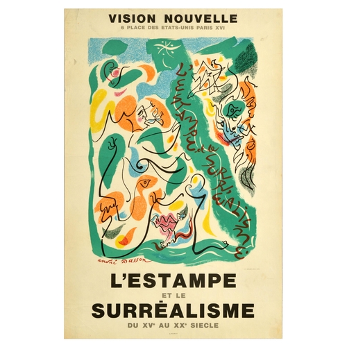 Advertising Poster Prints Surrealism Andre Dasson Art Exhibition. Original vintage advertising poster for an art exhibition Prints and Surrealism / L'Estampe et le Surrealisme from 15th to 20th century at Vision Nouvelle featuring a colourful illustration of faces on green, orange, yellow, blue and white colour background with stylised title text. Printed by Mourlot. Good condition, creasing, staining, tears. Country of issue: France, designer: Andre Dasson, size (cm): 77x51, year of printing: 1970s.