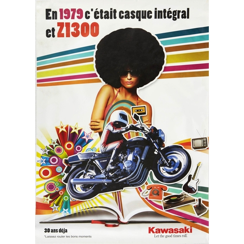 Advertising Poster Kawasaki Motorcycle 1979 Z1300 Afro Disco. Original vintage Kawasaki motorcycle advertising poster - En 1979 c'etait casque integral et Z1300 / 30 ans deja - featuring a colourful retro seventies design depicting a young lady wearing sunglasses and standing with her arms crossed behind a person riding a Kawasaki bike surrounded by rainbow stripes and zooming circles and stars from a sunshine burst, a fender stratocaster guitar with a vinyl record player, cassette tape and rotary dial telephone above an open book, the bold text above and below with the Kawasaki slogan Let the good times roll (from their 1973 advertising campaign). The Kawasaki Motorcycle & Engine company is a division of Kawasaki Heavy Industries (founded 1878); the Z1300 model was a water cooled six cylinder sports motorbike manufactured from 1979-1989, described as a hyperbike and an autobahn stormer by Motor Cycle News in 1979. Very good condition, small tears and creases on margin, staining, thick paper.  Country of issue: France, designer: Unknown, size (cm): 97.5x68, year of printing: 1979.