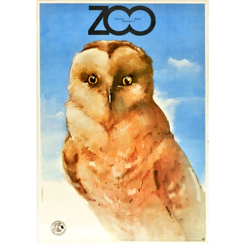 Advertising Poster Warsaw Zoo Owl Swierzy. Original vintage advertising poster for the Warsaw Zoological Garden / Warsaw Zoo Warszawa Poland featuring artwork by one of Poland's most renowned poster artists and designers Waldemar Swierzy (1931-2013) of an owl looking at the viewer against a blue sky with the bold lettering above, the Ratuszowa address inside the Os, and logo below. Located by the Vistula River, Warsaw Zoo is a scientific zoo that opened in 1928. Excellent condition.  Country of issue: Poland, designer: Swierzy, size (cm): 97.5x67, year of printing: 1979.