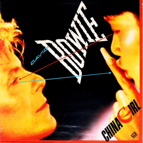 Advertising Poster David Bowie China Girl EMI. Original vintage music advertising poster for the American release of David Bowie's single China Girl featuring the cover art design depicting David Bowie looking at a Chinese girl who is signalling to him to be quiet with blue and red arrows pointing to each other, the classic title design from the Let's Dance record cover in the centre and the single's title in the bottom right corner in stylised black and red letters. China Girl was co-written by David Bowie (1947-2016) and Iggy Pop (b 1947) in Berlin, first appearing on Iggy Pop's debut solo album The Idiot then re-recorded by David Bowie in his album Let's Dance. Horizontal. Fair condition, tears and creases in margins, waving.   Country of issue: USA, designer: Unknown, size (cm): 91x91.5, year of printing: 1983.