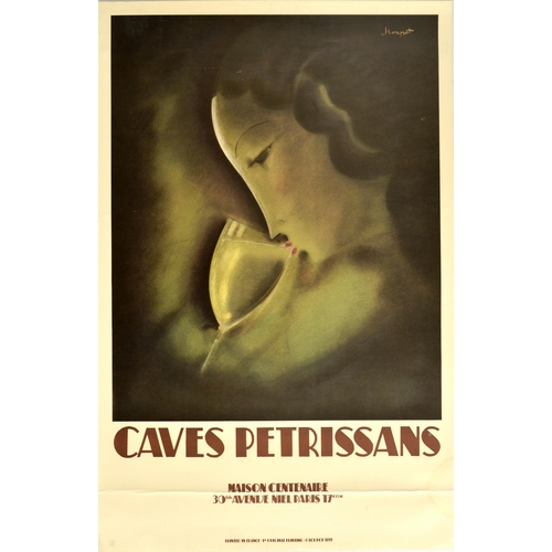 Advertising Poster Caves Petrissans Paris Wine Restaurant. Original vintage advertising poster for Caves Petrissans Madison Centenaire 30bis Avenue Neil Paris 17eme featuring a great image by the notable French poster artist Charles Loupot (1892-1962) featuring a lady drinking a glass of wine against a dark shaded background with the bold stylised lettering below. Printed in France 1st original printing (printed in 1997 after the artist's death). Acceptable condition, stain at bottom right, fold at lower half.  Country of issue: France, designer: Charles Loupot, size (cm): 101x65, year of printing: 1997.