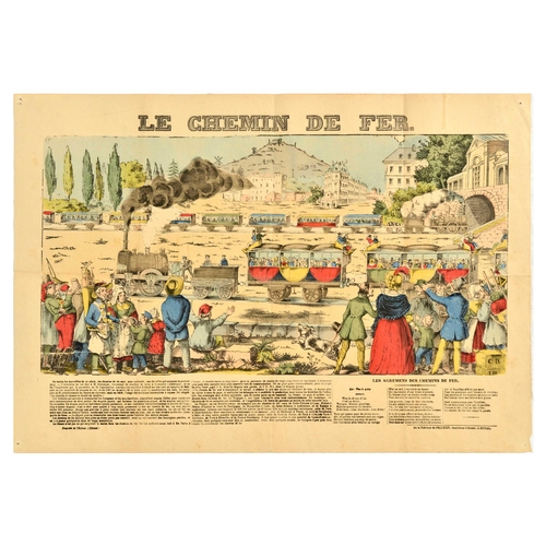 Travel Poster French Railroad Steam Locomotive Le Chemin De Fer. Original antique stencil-coloured wood-engraving with letterpress Le Chemin de Fer featuring an image of spectators observing two trains hauled by steam engines. Printed by the Fabrique de Pellerin, printer-bookseller, in Epinal. Horizontal. Good condition, folds, creasing, tears, staining, pinholes, small paper loss in bottom left corner. Country of issue: France, designer: Unknown, size (cm): 44x63, year of printing: 1838.