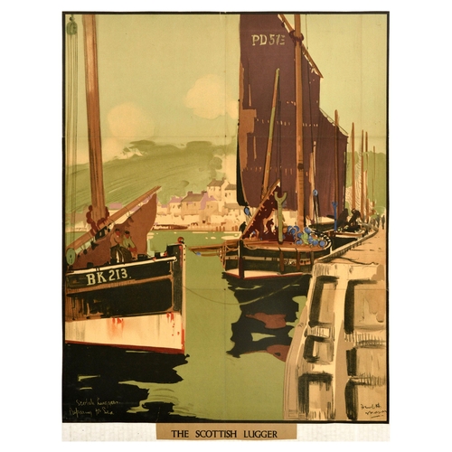 Travel Poster Scottish Lugger LNER Industry Frank Henry Mason. Original vintage travel advertising poster The Scottish Lugger featuring artwork by Frank Henry Mason (1876-1965) depicting sailors on sailing ships preparing for sea. Published by LNER London & North Eastern Railway, the poster invites to visit Scotland. Fair condition, folds, creasing, tears, pinholes, paper losses cut on bottom edge, minor staining. Country of issue: UK, designer: Frank Henry Mason, size (cm): 72x55, year of printing: 1920s.