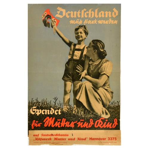 Propaganda Poster Mother And Child Relief Organisation Nazi Germany. Original vintage propaganda poster agitating to donate to Mother and Child / Mutter und Kind relief organisation featuring an illustration of a mother looking at a little boy with nazi swastika flags. Founded in 1934, the Mother and Child Aid Organisation was operating during the National Socialist era and had the task of caring for pregnant women and young mothers and their offspring who were considered of Aryan race. The relief organization was subordinate to the Main Office for People's Welfare in the Reich leadership of the NSDAP. Fair condition, folds, tears, creasing, staining, paper losses on edges, separate sheet stuck on bottom edge. Country of issue: Germany, designer: Werner Beucke, size (cm): 58.5x39, year of printing: 1935.