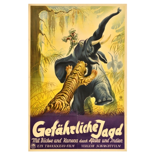 Movie Poster Dangerous Hunt Africa India Elephant Tiger Wild Nature Documentary. Original vintage poster for Gefahrliche Jagd / Dangerous Hunt, a 1950 documentary film directed by Willy Zeyn, featuring an illustration of a hunter with a weapon aiming at a tiger jumping at an elephant in a yellow and green jungle, the caption below reads - Dangerous hunt with jack and camera through Africa and India. Printed by KID Kunst im Druck Obpacher, Munich. Good condition, folds, creasing, tears, pinholes. Country of issue: Germany, designer: Unknown, size (cm): 86x60, year of printing: 1950.