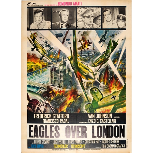 Movie Poster Eagles over London Blitz WWII Air Force Pilots. Original vintage movie poster for an Italian action drama film Eagles over London / La Battaglia d'Inghilterra directed by Enzo G. Castellari and starring Frederick Stafford, Van Johnson, Francisco Rabal, Evelyn Stewart, Luigi Pistilli, Renzo Palmer, Christian Hay and Jacques Berthier, based on the Battle of Britain (1940). Dynamic artwork showing Nazi German and British RAF planes and zeppelins flying across searchlight beams fighting in the sky over London with Big Ben and the Houses of Parliament surrounded by buildings on fire on both sides of the River Thames in the background and four small black and white photographs presenting the main actors of the film above, a snipe with title in English over the Italian name of the film La Battaglia d'Inghilterra below. Printed in Italy by Policrom S.P.A., Roma. Large size. Very good condition, restored folds and paper loss on margins, backed on linen.  Country of issue: Italy, designer: Unknown, size (cm): 139.5x100.5, year of printing: 1969.
