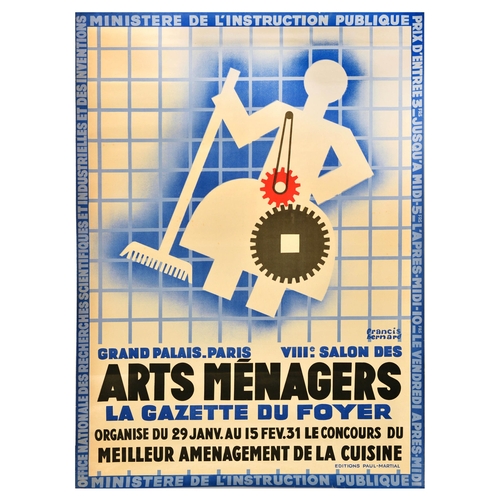 Advertising Poster Arts Menagers Art Deco Household Art Show. Original vintage advertising poster for the VIIIe salon des Arts Menagers / Household Arts Show (an annual exhibition of household appliances, furniture and domestic items held in Paris from 1923 to 1983 organised by the French Department of Education and the French National Office for Research and Inventions) featuring a great illustration of a person made out of cogwheels holding a broom set against a blue hatch pattern on the white background with blue and black bold lettering. Large size. Good condition, creasing, tears, staining. Country of issue: France, designer: Francis Bernard, size (cm): 158x116, year of printing: 1931.