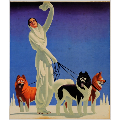 Advertising Poster Pullman Train Luxury Railway Winter Art Deco Husky Dogs. Original vintage travel advertising poster for the luxury Pullman railway services. Stunning Art Deco illustration against a blue background featuring an elegant lady wearing a white winter coat and raising her hat up to the viewer, holding three dogs on a leash with snow covered trees on the horizon. The Pullman Company 1935 Chicago Printed in the USA. Artwork by William Welsh. Fair condition, missing the bottom of the poster, stains on margins, backed on linen.   Country of issue: USA, designer: Welsh, size (cm): 52x44 , year of printing: 1935.