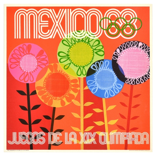 12 - Sport Poster Mexico Olympics 1968 Flowers Lance. Original vintage sport poster for the 1968 Summer O... 