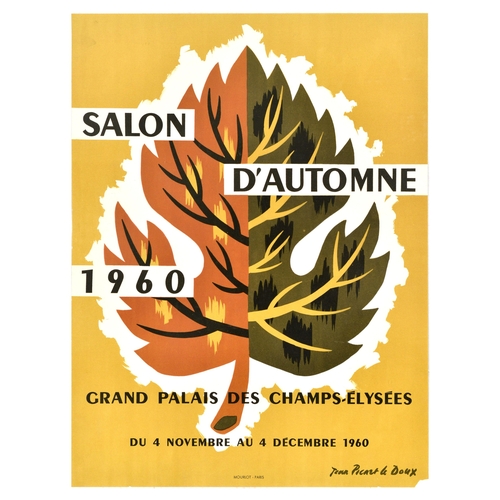 Advertising Poster Salon D'Automne1960 Art Exhibition Paris. Original vintage advertising poster for Salon d'Automne 1960 art exhibition at the Grand Palais des Champs-Elysees from 4 November to 4 December 1960, featuring an illustration of a brown and green tree leaf set over a yellow background. Good condition, paper loss in bottom right corner, minor creasing, minor staining. Country of issue: France, designer: Jean Picart le Doux, size (cm): 63x48, year of printing: 1960.